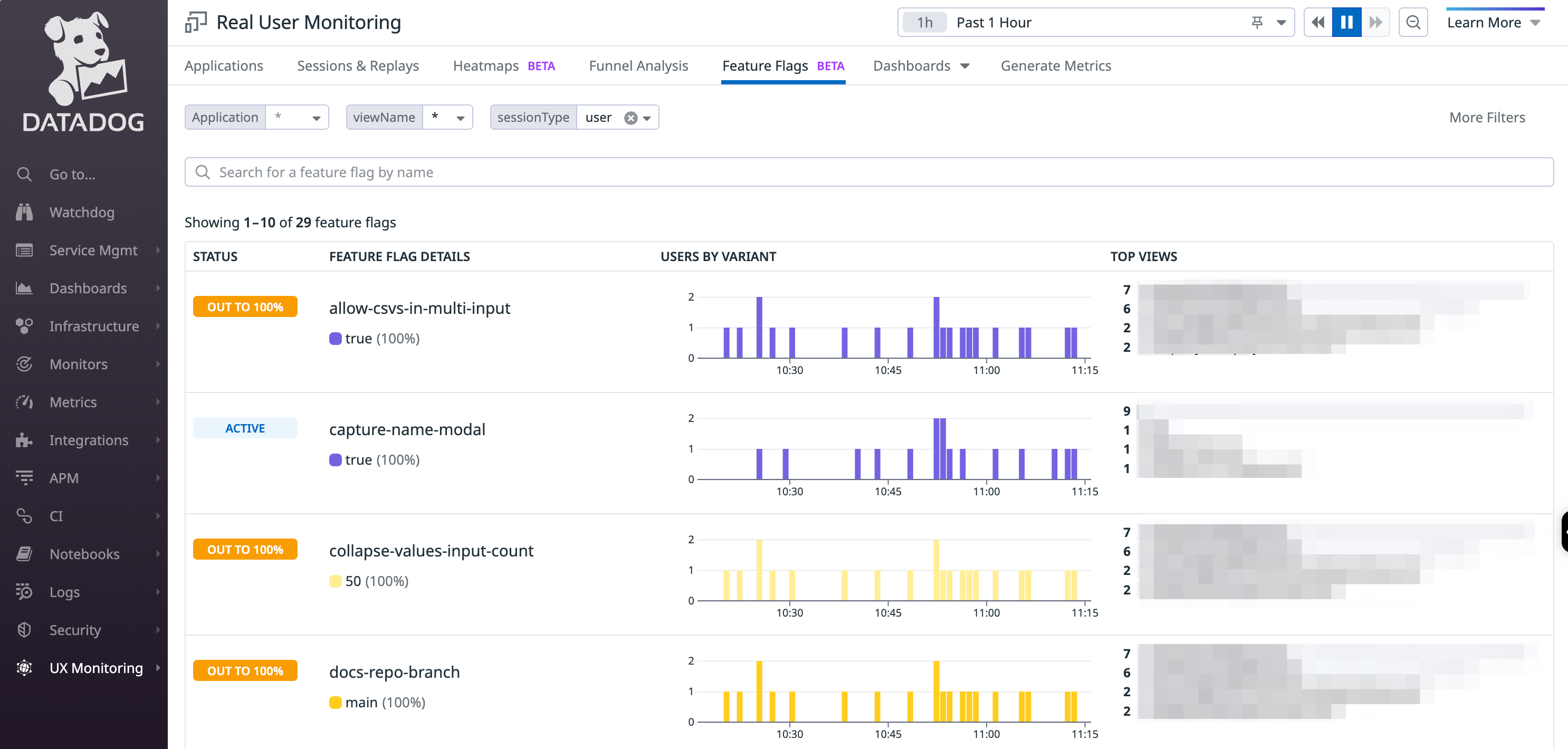 DataDog RUM Feature Flag Tracking screen shot