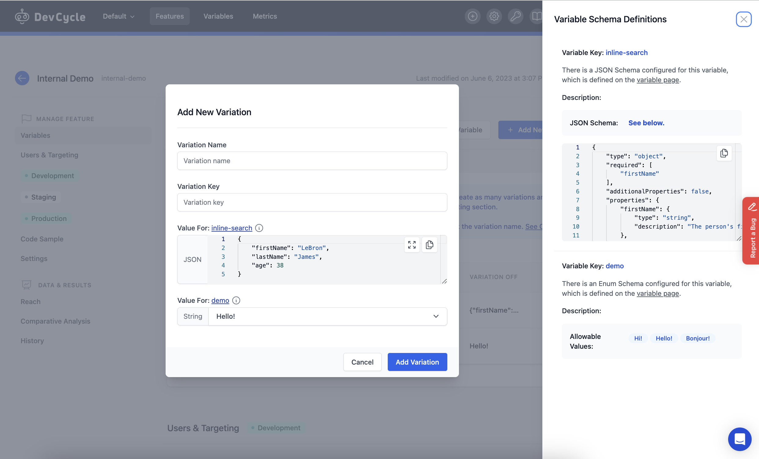 Add New Variable JSON Schema Selected