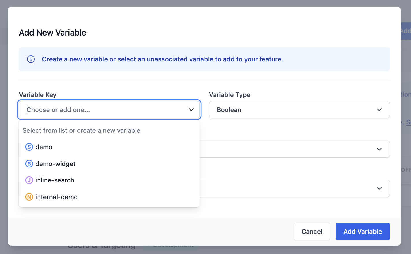 Add Variable Modal with Schema Example